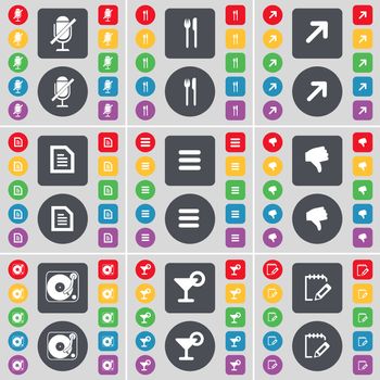 Microphone, Fork and knife, Full screen, Text file, Apps, Dislike, Gramophone, Cocktail, Notebook icon symbol. A large set of flat, colored buttons for your design. illustration