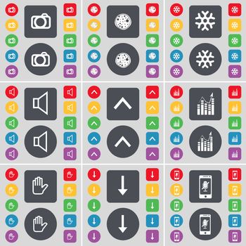 Camera, Pizza, Snowflake, Sound, Arrow up, Graph, Hand, Arrow down, Smartphone icon symbol. A large set of flat, colored buttons for your design. illustration