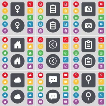 Venus symbol, Battery, Camera, House, Arrow left, Survey, Cloud, Chat bubble, Checkpoint icon symbol. A large set of flat, colored buttons for your design. illustration