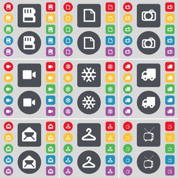 SIM card, File, Camera, Film camera, Snowflake, Truck, Message, Hanger, Retro TV icon symbol. A large set of flat, colored buttons for your design. illustration