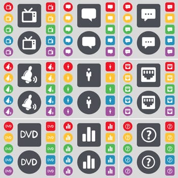 Retro TV, Chat bubble, Bell, Silhouette, LAN socket, DVD, Diagram, Question mark icon symbol. A large set of flat, colored buttons for your design. illustration