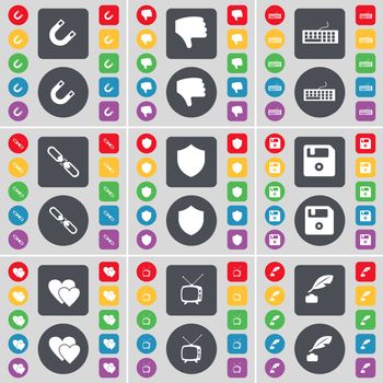 Magnet, Dislike, Keyboard, Link, Badge, Floppy, Heart, Retro TV, Ink pot icon symbol. A large set of flat, colored buttons for your design. illustration