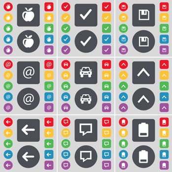 Apple, Tick, Floppy, Mail, Car, Arrow up, Arrow left, Chat bubble, Battery icon symbol. A large set of flat, colored buttons for your design. illustration