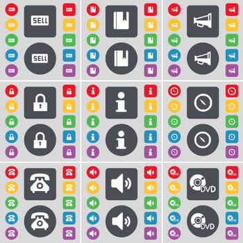 Sell, Dictionary, Megaphone, Lock, Information, Compass, Retro phone, Sound, DVD icon symbol. A large set of flat, colored buttons for your design. illustration