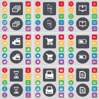 Gallery, Connection, Monitor, Film camera, Shopping cart, Battery, Hourglass, Printer, Text file icon symbol. A large set of flat, colored buttons for your design. illustration