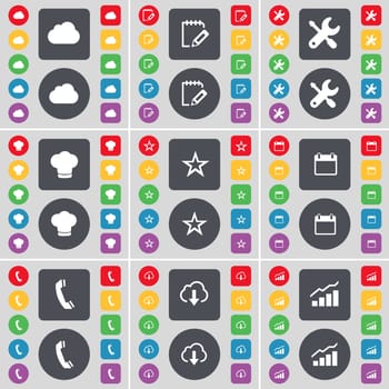 Cloud, Notebook, Wrench, Cooking hat, Star, Calendar, Receiver, Cloud, Graph icon symbol. A large set of flat, colored buttons for your design. illustration