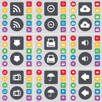 RSS, Minus, Cloud, Police badge, Sound, Camera, Umbrella, Arrow left icon symbol. A large set of flat, colored buttons for your design. illustration