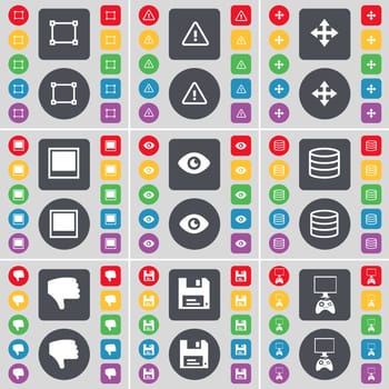 Frame, Warning, Moving, Window, Vision, Database, Dislike, Floppy disk, Monitor icon symbol. A large set of flat, colored buttons for your design. illustration