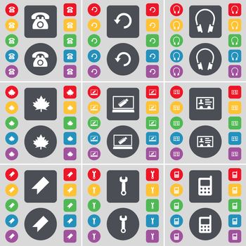 Retro phone, Reload, Headphones, Maple leaf, Laptop, Contact, Marker, Wrench, Mobile phone icon symbol. A large set of flat, colored buttons for your design. illustration