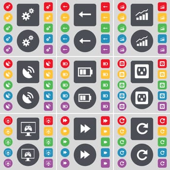 Gear, Arrow left, Graph, Satellite dish, Battery, Socket, Monitor, Rewind, Reload icon symbol. A large set of flat, colored buttons for your design. illustration