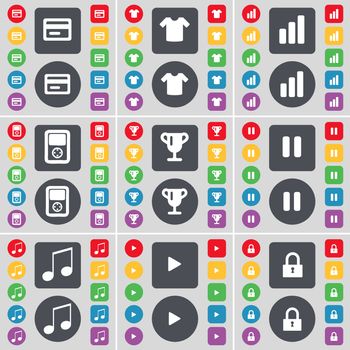 Credit card, T-Shirt, Diagram, Player, Cup, Pause, Note, Media play, Lock icon symbol. A large set of flat, colored buttons for your design. illustration