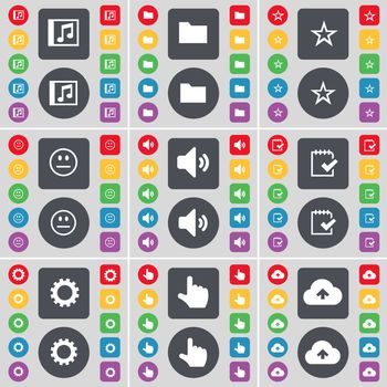 Music window, Folder, Star, Smile, Sound, Survey, Gear, Hand, Cloud icon symbol. A large set of flat, colored buttons for your design. illustration