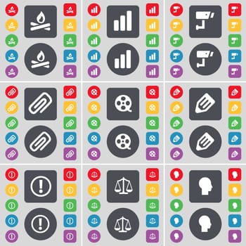 Campfire, Digaram, CCTV, Clip, Videotape, Pencil, Information, Scales, Silhouette icon symbol. A large set of flat, colored buttons for your design. illustration