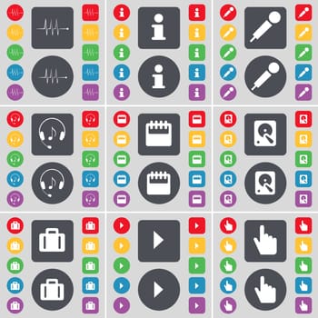 Pulse, Information, Microphone, Headphones, Calendar, Hard drive, Suitcase, Media play, Hand icon symbol. A large set of flat, colored buttons for your design. illustration