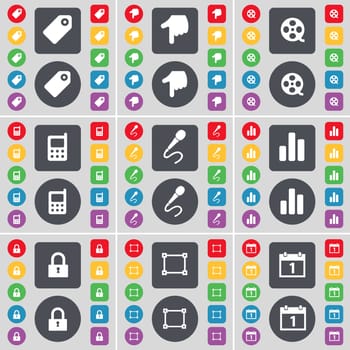 Tag, Hand, Videotape, Mobile phone, Microphone, Diagram, Lock, Frame, Calendar icon symbol. A large set of flat, colored buttons for your design. illustration