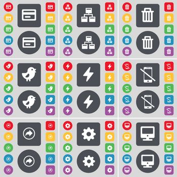 Credit card, Network, Trash can, Bird, Flash, Smartphone, Back, Gear, Monitor icon symbol. A large set of flat, colored buttons for your design. illustration
