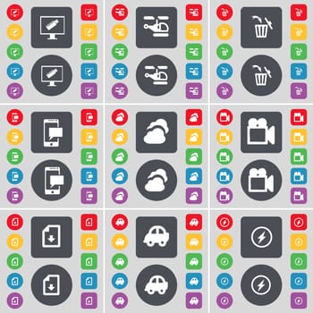Monitor, Helicopter, Trash can, SMS, Cloud, Film camera, Download file, Camera, Flash icon symbol. A large set of flat, colored buttons for your design. illustration