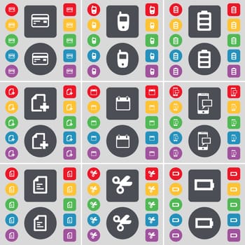 Credit card, Mobile phone, Battery, File, Calendar, SMS, Text file, Scissors icon symbol. A large set of flat, colored buttons for your design. illustration