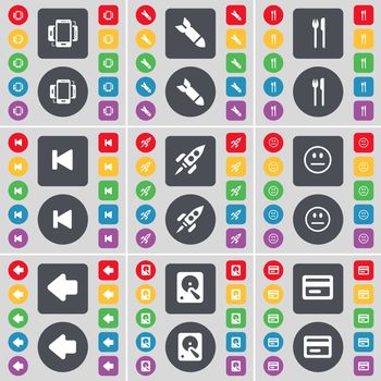 Smartphone, Rocket, Fork and knife, Media skip, Smile, Arrow left, Hard drive, Credit card icon symbol. A large set of flat, colored buttons for your design. illustration