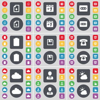 Download file, Plus one, Cassette, Battery, Floppy, Retro phone, Cloud, Avatar, Weather icon symbol. A large set of flat, colored buttons for your design. illustration