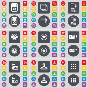 Player, Window, Smartphone, Parking, Star, Cassette, SMS, Hanger, Apps icon symbol. A large set of flat, colored buttons for your design. illustration