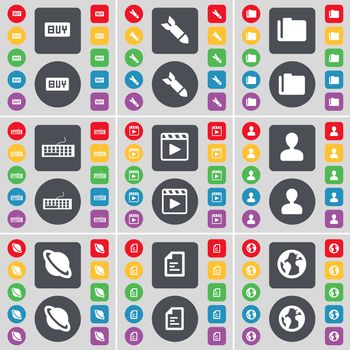 Buy, Rocket, Folder, Keyboard, Media player, Avatar, Planet, Text file, Earth icon symbol. A large set of flat, colored buttons for your design. illustration