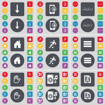 Arrow down, Smartphone, Note, House, Silhouette, Apps, Hand, Speaker, ZIP file icon symbol. A large set of flat, colored buttons for your design. illustration