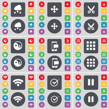 Cloud, Moving, Scissors, Yin-Yang, SMS, Apps, Wi-Fi, Tick, Pause icon symbol. A large set of flat, colored buttons for your design. illustration