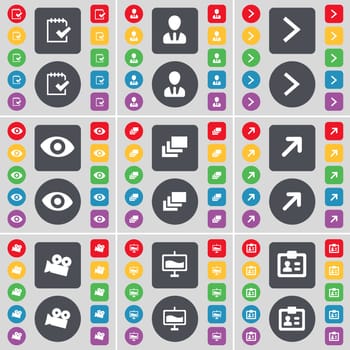 Survey, Avatar, Arrow right, Vision, Gallery, Full screen, Film camera, Graph, Contact icon symbol. A large set of flat, colored buttons for your design. illustration