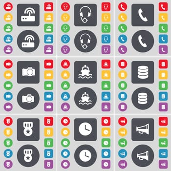 Router, Headphones, Receiver, Camera, Ship, Database, Medal, Clock, Megaphone icon symbol. A large set of flat, colored buttons for your design. illustration