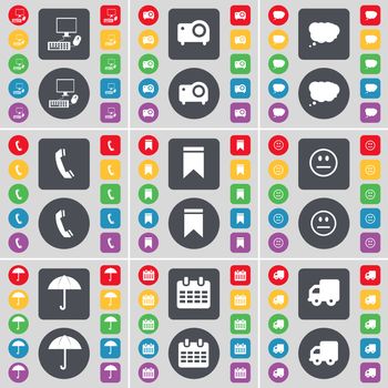 PC, Project, Chat cloud, Receiver, Marker, Smile, Umbrella, Calendar, Truck icon symbol. A large set of flat, colored buttons for your design. illustration