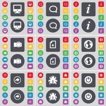 Monitor, Chat bubble, Information, Camera, Download file, Earth, Back, Bug, Power icon symbol. A large set of flat, colored buttons for your design. illustration