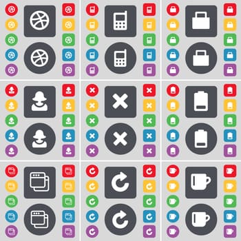 Ball, Mobile phone, Lock, Avatar, Stop, Battery, Window, Reload, Cup icon symbol. A large set of flat, colored buttons for your design. illustration