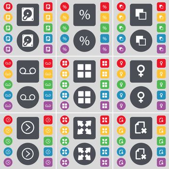 Hard drive, Percent, Copy, Cassette, Apps, Venus symbol, Arrow right, Full screen, File icon symbol. A large set of flat, colored buttons for your design. illustration