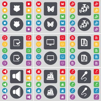 Police badge, Butterfly, Speaker, Survey, Monitor, ZIP file, Sound, Cash register, Microphone icon symbol. A large set of flat, colored buttons for your design. illustration