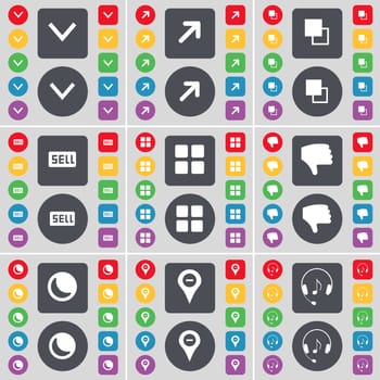 Arrow down, Full screen, Copy, Sell, Apps, Dislike, Moon, Checkpoint, Headphones icon symbol. A large set of flat, colored buttons for your design. illustration