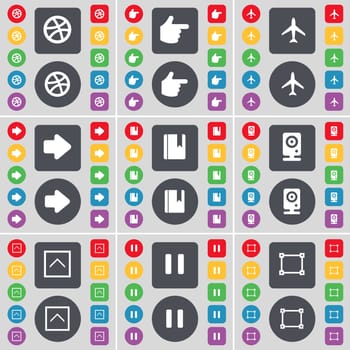 Ball, Hand, Airplane, Arrow right, Dictionary, Speaker, Arrow up, Pause, Frame icon symbol. A large set of flat, colored buttons for your design. illustration