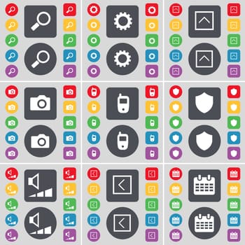 Magnifying glass, Gear, Arrow up, Camera, Mobile phone, Badge, Volume, Arrow left, Calendar icon symbol. A large set of flat, colored buttons for your design. illustration