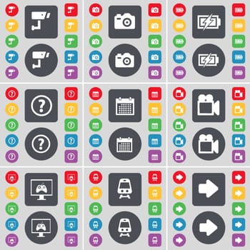 CCTV, Camera, Charging, Question mark, Calendar, Film camera, Monitor, Train, Arrow right icon symbol. A large set of flat, colored buttons for your design. illustration