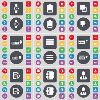 Wrist watch, Battery, Copy, Keyboard, Apps, Cassette, Text file, Notebook, Avatar icon symbol. A large set of flat, colored buttons for your design. illustration