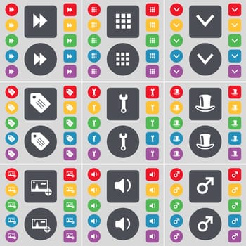 Rewind, Apps, Arrow down, Tag, Wrench, Silk hat, Picture, Sound, Mars symbol icon symbol. A large set of flat, colored buttons for your design. illustration