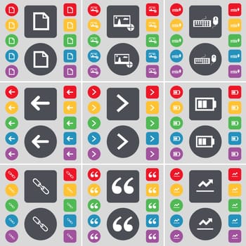 File, Picture, Keyboard, Arrow left, Arrow right, Battery, Link, Quotation mark, Graph icon symbol. A large set of flat, colored buttons for your design. illustration