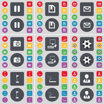 Pause, File, Message, Camera, PC, Ball, Golf hole, Cigarette, Avatar icon symbol. A large set of flat, colored buttons for your design. illustration