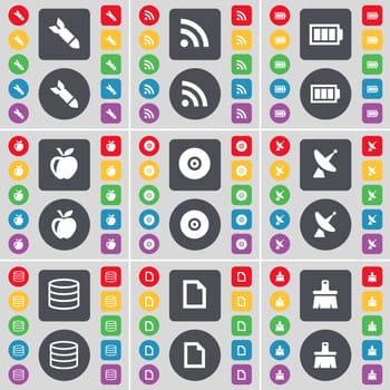 Rocket, RSS, Battery, Apple, Disk, Satellite dish, Database, File, Brush icon symbol. A large set of flat, colored buttons for your design. illustration