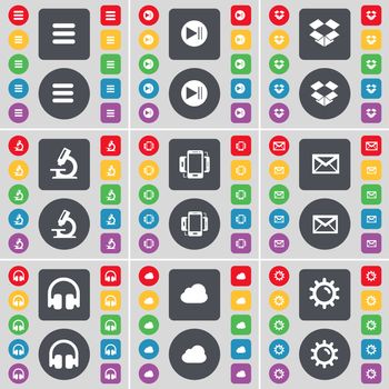 Apps, Media skip, Dropbox, Microscope, Smartphone, Message, Headphones, Cloud, Gear icon symbol. A large set of flat, colored buttons for your design. illustration