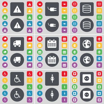 Warning, Socket, Database, Truck, Calendar, Earth, Disabled person, Silhouette, Socket icon symbol. A large set of flat, colored buttons for your design. illustration