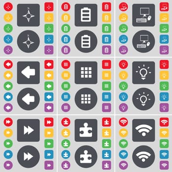 Compass, Battery, PC, Arrow left, Apps, Light bulb, Rewind, Puzzle part, Wi-Fi icon symbol. A large set of flat, colored buttons for your design. illustration
