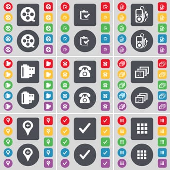 Videotape, Survey, MP3 player, Negative films, Retro phone, Gallery, Checkpoint, Tick, Apps icon symbol. A large set of flat, colored buttons for your design. illustration