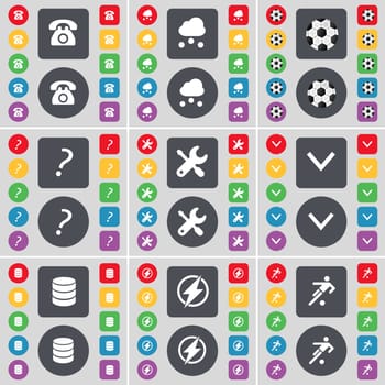 Retro phone, Cloud, Ball, Question mark, Wrench, Arrow down, Database, Flash, Silhouette icon symbol. A large set of flat, colored buttons for your design. illustration
