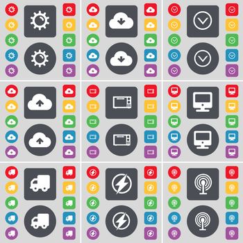 Gear, Cloud, Arrow down, Microwave, Monitor, Truck, Flash, Wi-Fi icon symbol. A large set of flat, colored buttons for your design. illustration